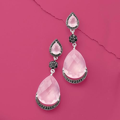 Miniatura 3 de Ross-Simons Pendientes colgantes de espinela negra de 22,20 qt. t. t. de cuarzo rosa y 1,00 qt. t. t. t. en plata de ley, Gema, multi Cuarzo Espinela