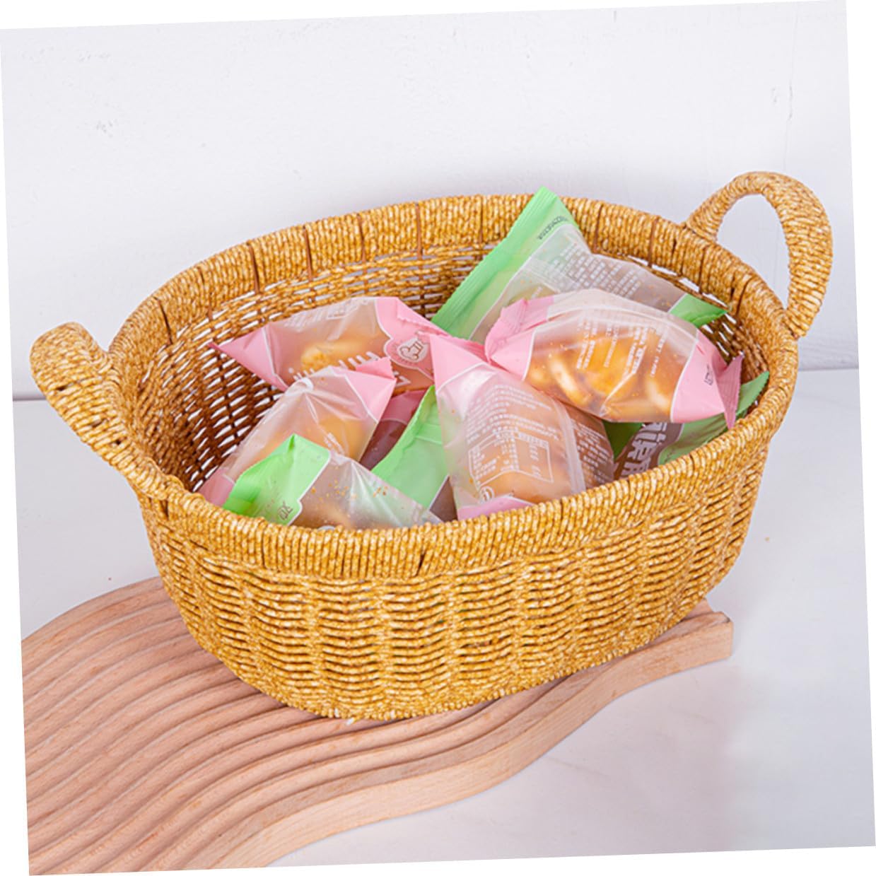 Large Oval Simulated Rattan Fruit Basket with Double Handles, Deep Bread and Snack Storage Organizer for Kitchen Countertop and Outdoor Picnic Use, Light Coffee Color