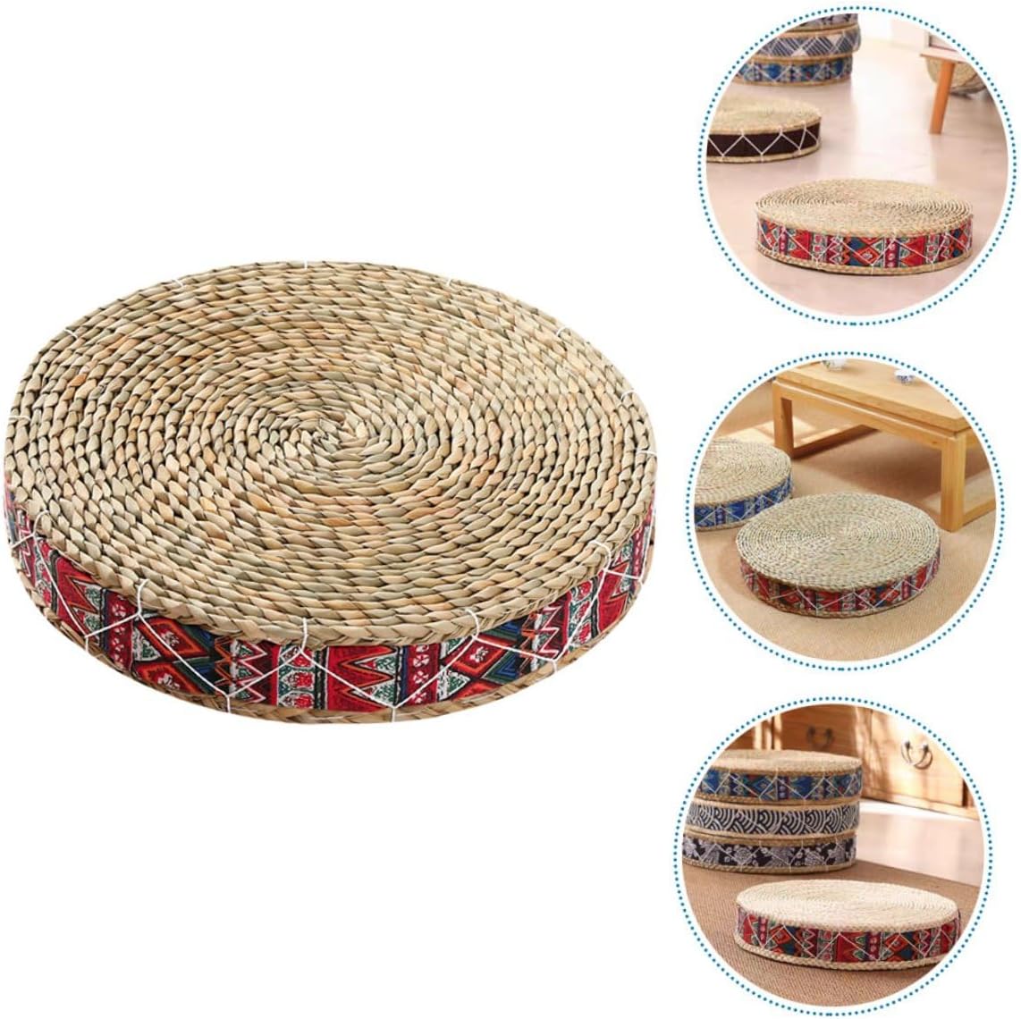 Kichvoe Bohemian Red 30cm Diameter Traditional Woven Straw Floor Cushion Meditation Pillow Zabuton Seat Pad for Japanese Tatami, Wicker Floor Pillow for Bedroom and Zen Sitting