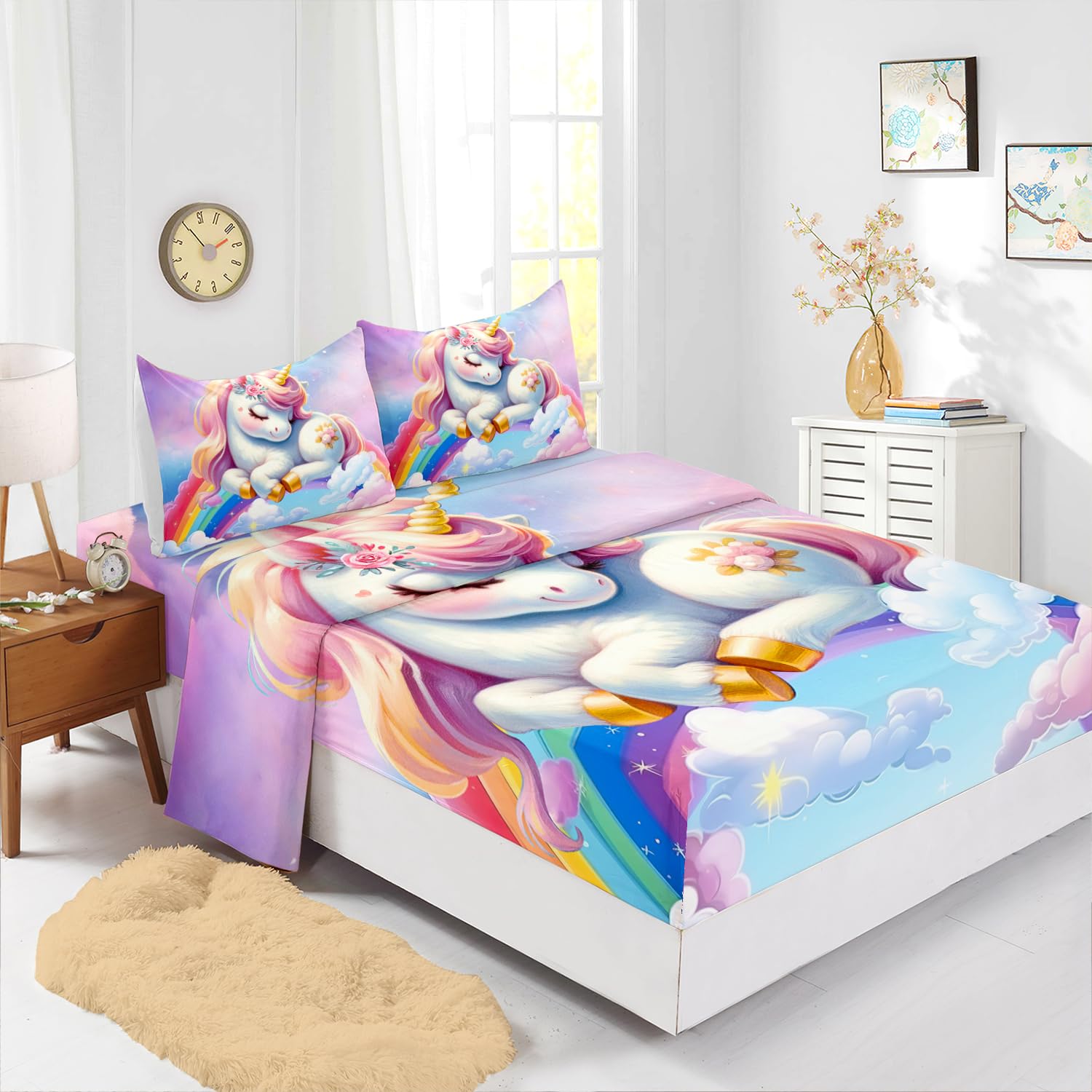 XYNHML Pink Blue Unicorn Sheet Full 4Pcs Kids Clouds Rainbow Flower Sheet Boys Girls Bedding Set Cute Printed Fantasy Room Decor Bed Set with 1 Flat