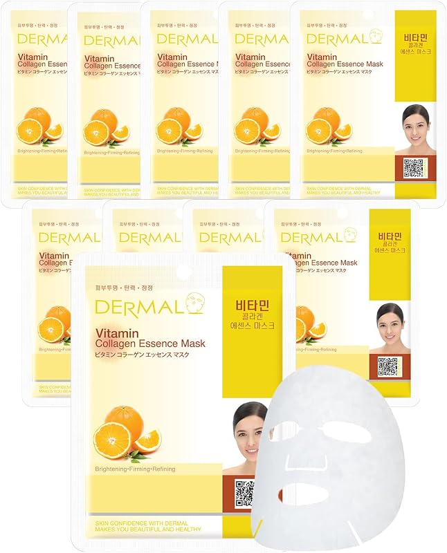 Máscara facial de tecido DERMAL Korea com essência de colágeno e vitamina, pacote com 10