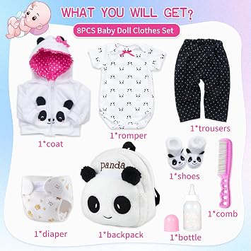 8 Pcs Reborn Baby Girl Doll Clothes Panda Set for 20-22 Inch Reborn Doll