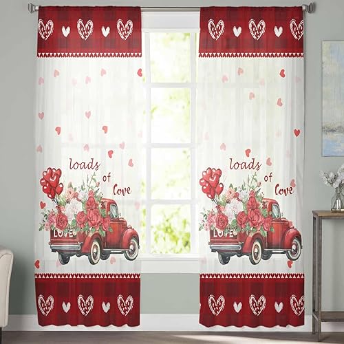 Miniatura 3 de Cortinas traslúcidas para el día de San Valentín, 52 x 84 pulgadas, cortinas de ventana con estampado de rosas rojas con corazón de amor, cortinas