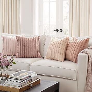 MIULEE Faux Fur Plush Decorative Throw Pillow Covers 18x18 Set of 4, Valentine's Day Cute Modern Soft Romantic Fuzzy Striped Cushion Covers Girl for Sofa Couch Bed Living Room Cozy Home Decor,Pink