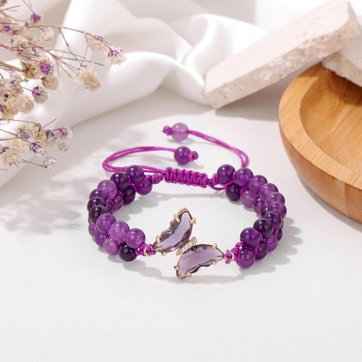 GolbalJew Amethyst Bracelet For Women Anxiety Amethyst Beaded Bracelets Butterfly Charms Healing Stone Layered Bracelet Gifts For Women - Image 4