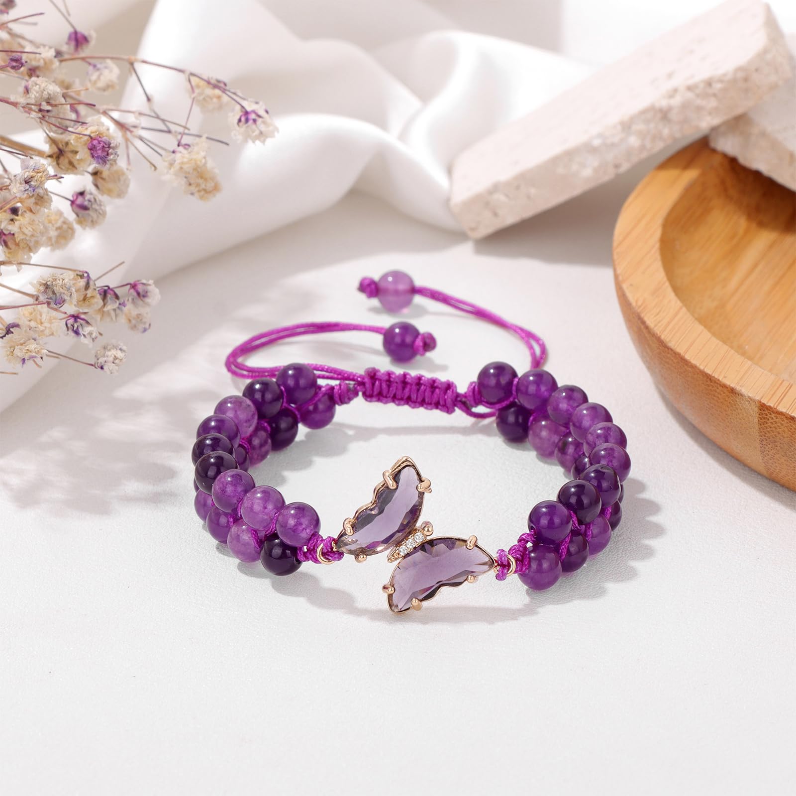 Braccialetto di Ametista per Donna, Braccialetti Anti-ansia con Perline di Ametista, ciondoli a Farfalla, Braccialetti a Strati di Pietre per Donna