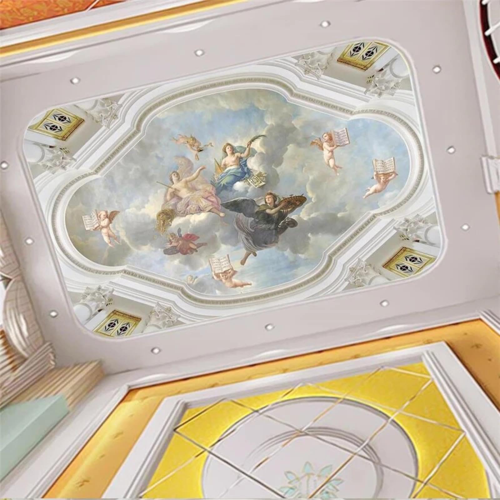 Papier peint mural 3D plafond salon et chambre avec décor anges classiques
