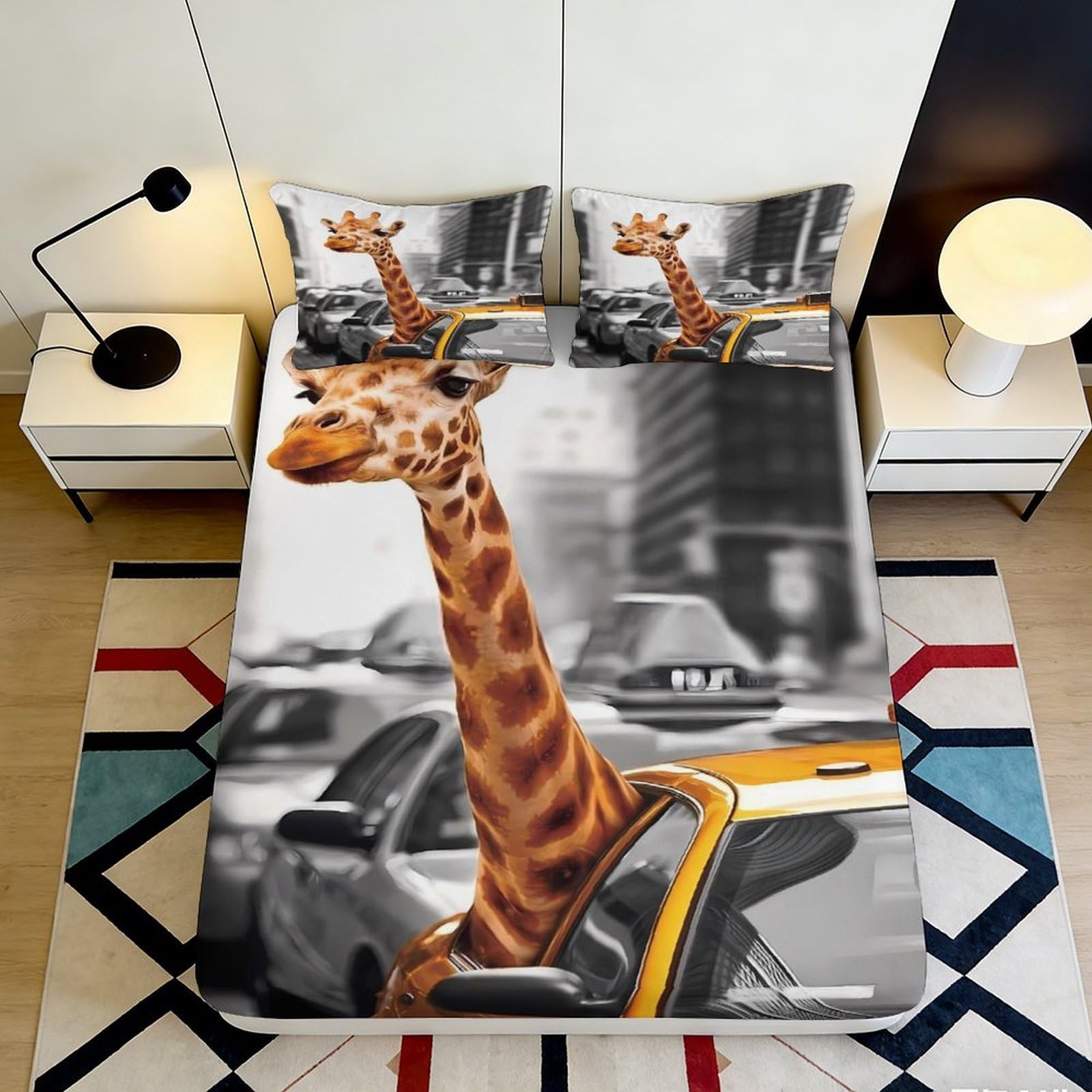 Pnayamiorkfel Style-3 3D Printed Giraffe Taxi Fitted Sheet Microfiber Urban Animal Bed Cover For Bedroom Dorm Mattress Protection Decor 90X200x25cm