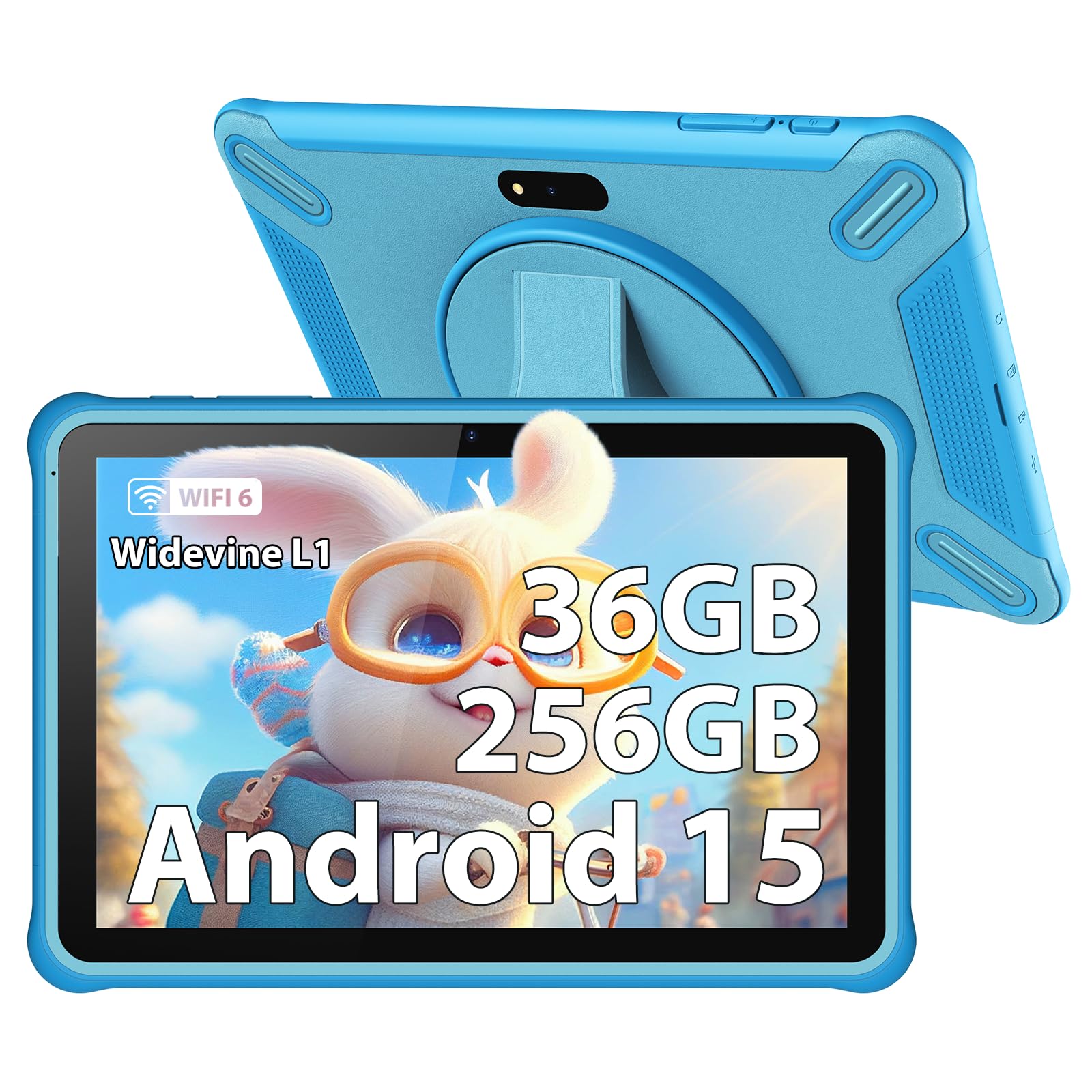 Tablet para niños 10 Pulgadas, 36GB RAM 256GB ROM (SD expandible), Android 15.0, Control Parental, Pantalla HD IPS, 5MP+2MP, WiFi, Bluetooth, Tablet educativa(Azul)