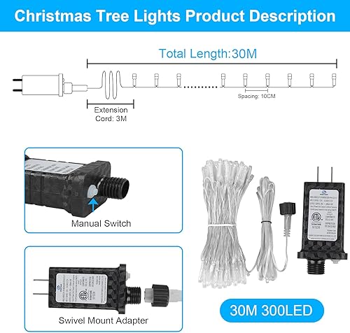 Miniatura 8 de Guirnalda de 300 luces LED de Navidad, 100 pies, enchufables, interiores y exteriores, con temporizador y 8 modos, para jardín, fiesta, boda,