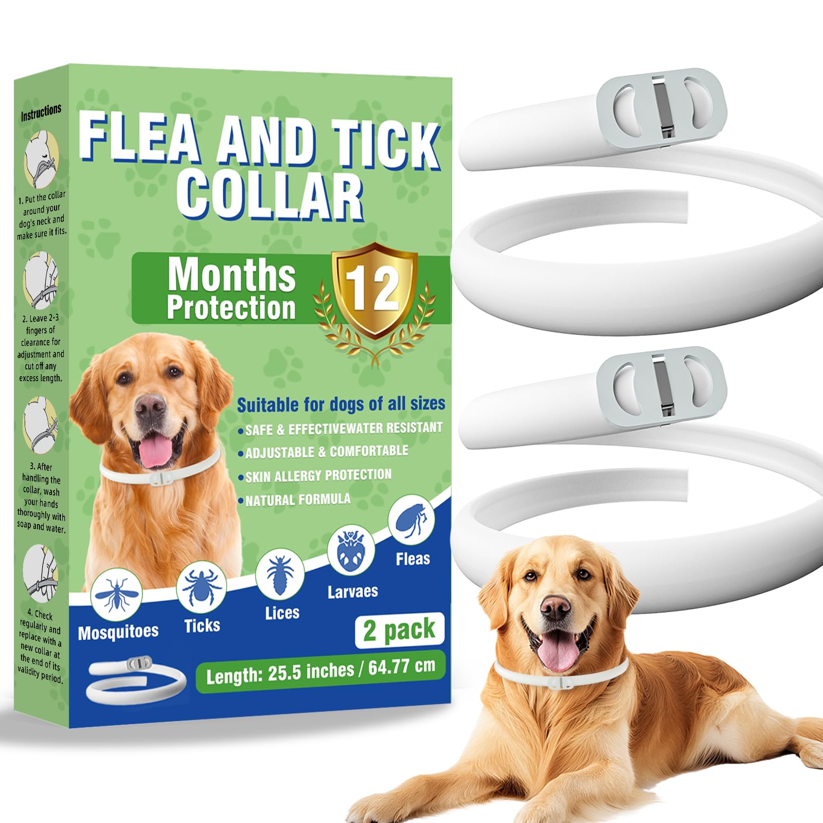 Inpumo Collier Anti Puces pour Chien, Collier Réglable Résistant à l'eau, Protection Efficace Contre Les Parasites pour Tous Les Types de Chiens, 12 Mois De Protection Efficace (2 Pack)