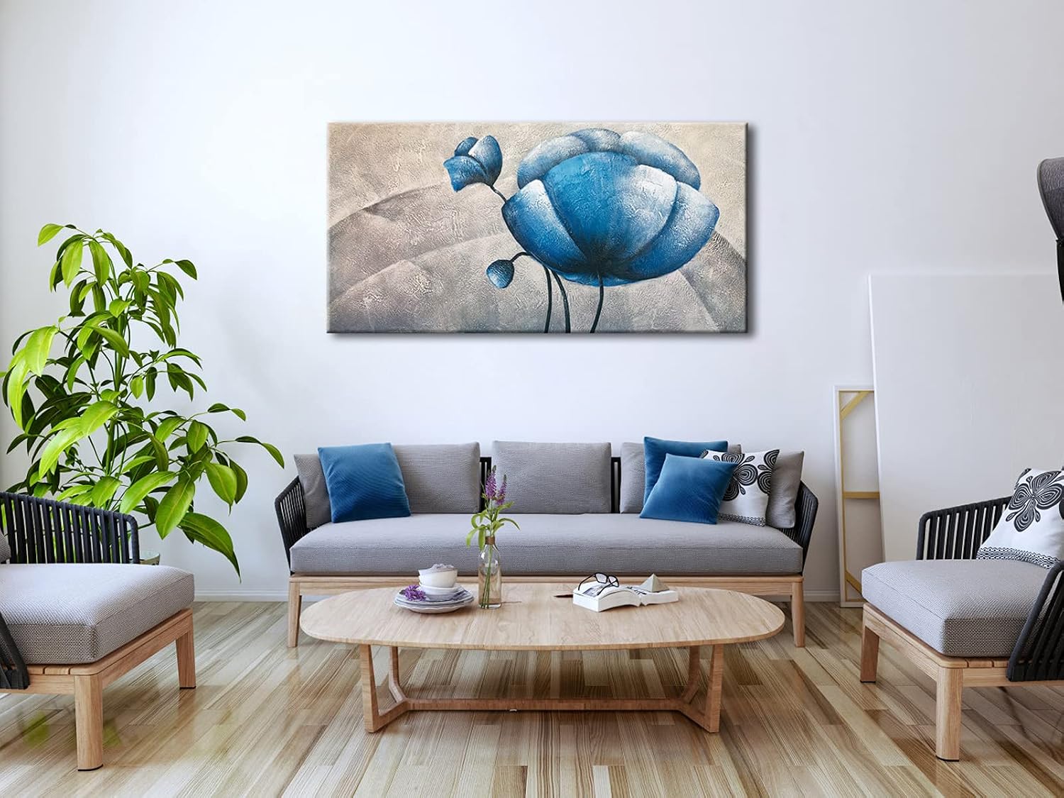 Wieco Art Hand Painted White & Blue Botanical Canvas Wall Art, Modern Abstract Floral Oil Painting, Ready to Hang Living Room Bedroom Decor