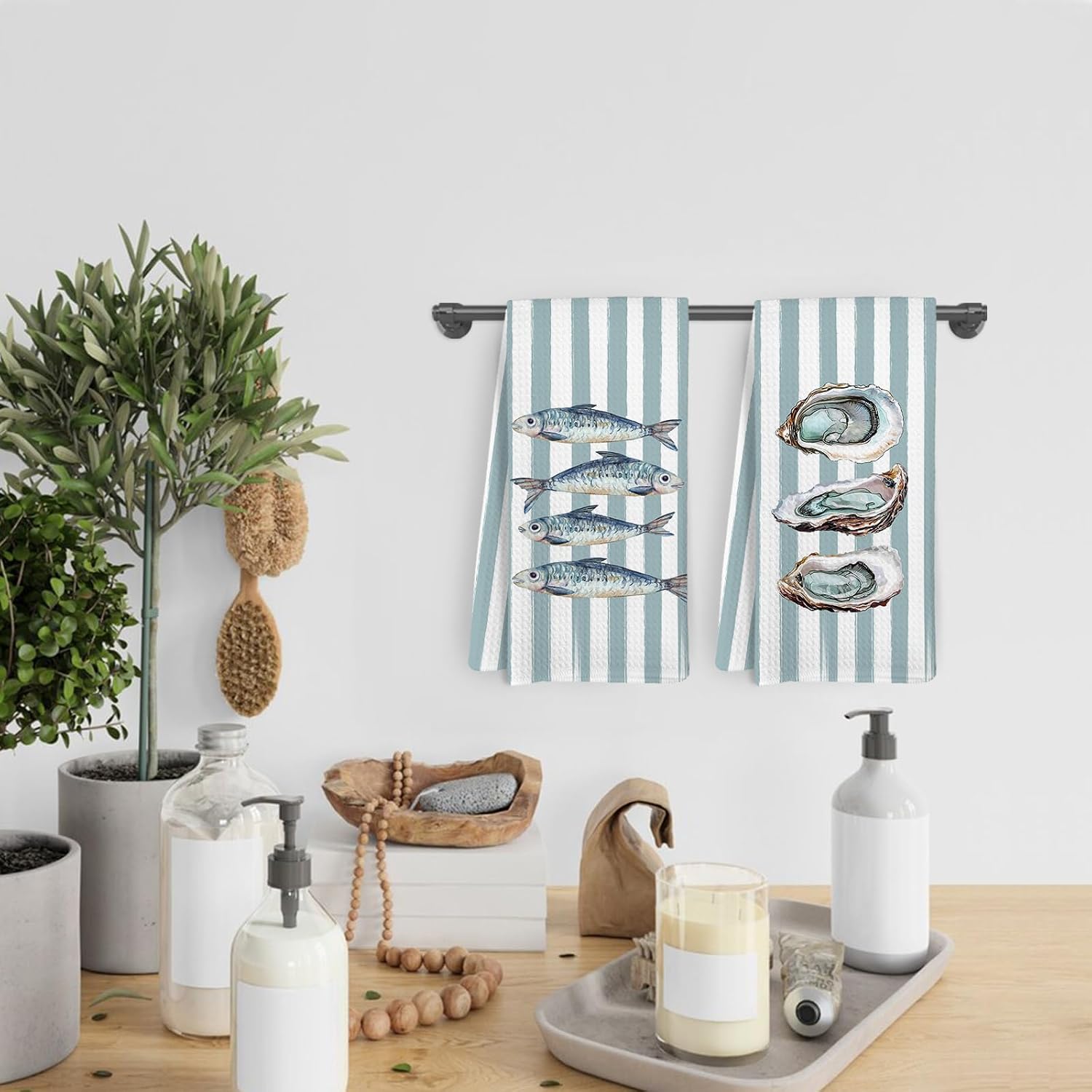Coastal Sardine Oyster Kitchen Towels and Dishcloths Set of 2, Preppy Beachy Oysters Dish Towels, Summer Nautical Sardine Hand Tea Towels for Bathroom Kitchen, Beach Bathroom Decor, 16×24 in