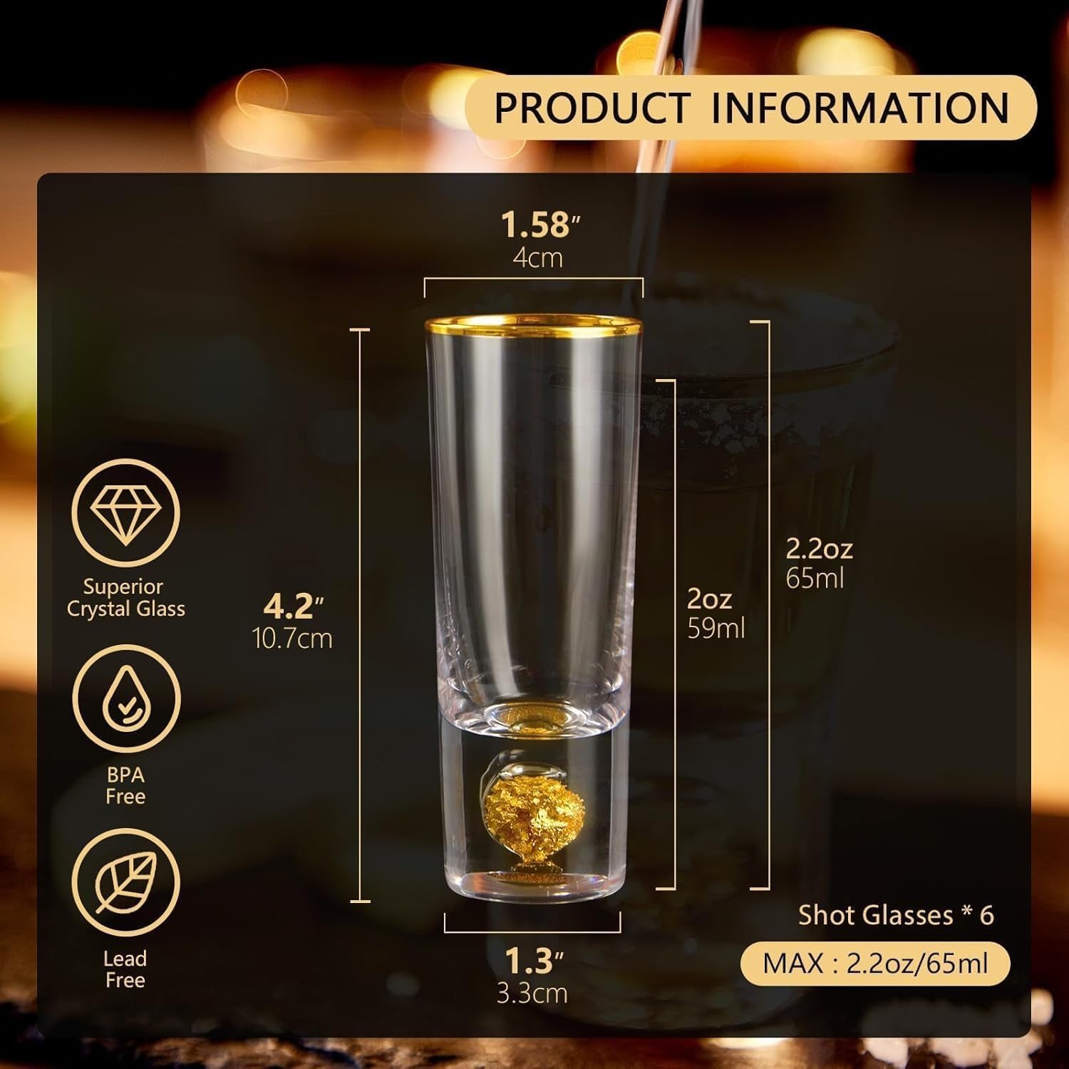 DUJUST Cool Shot Glasses (2oz), Shot Glass Set Decorated with 24K Gold Leaf Flakes, ONE OF A KIND, Cool & Cute Shot Cups, BPA-Free & Lead-Free, Perfect for Décor & Collection, Gift Choices - 6 pcs