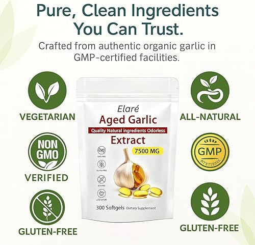 Miniatura 6 de Elare Extracto de ajo añejo 300 unidades, 7500 mg, suplemento de ajo orgánico inodoro para apoyo cardíaco e inmunológico, vegetariano, sin OMG,