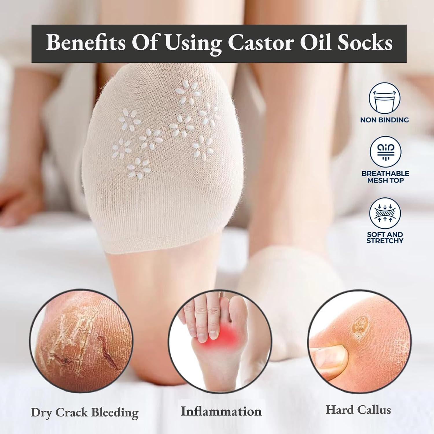 Castor Oil Pack Wrap for Feet, Reusable Castor Oil Wrap Organic Cotton for Women, Castor Oil Hidden Toe Covers Socks, Moisturizing Feet(Oil Not Include)