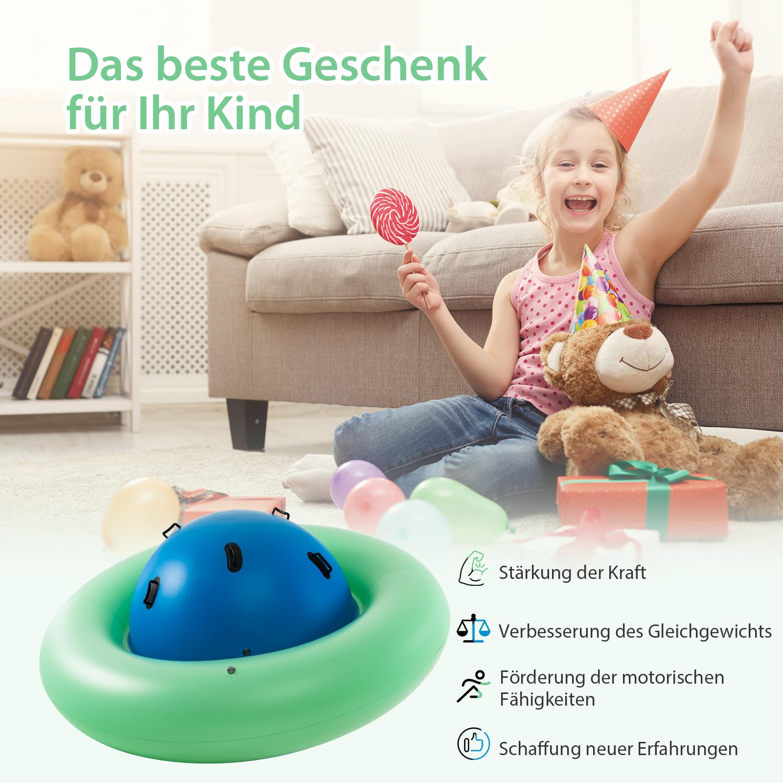 DREAMADE 233cm Kuppelwippe aufblasbar, Spielwippe mit 6 Griffen, aufblasbar Kletterkuppel für 3 Kinder ab 5 Jahren, bis zu 113kg, für Hinterhof Garten (Blau + Grün, φ 223)