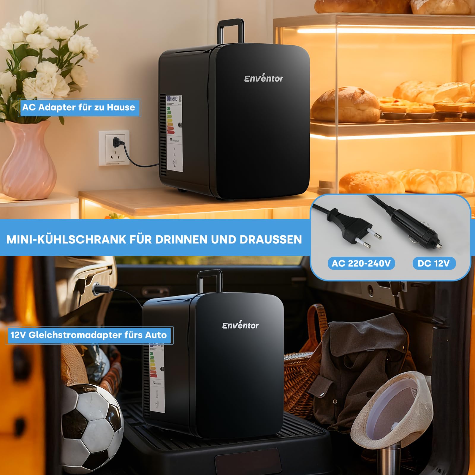 Enventor 15L Mini-Kühlschrank, 220V AC/ 12V DC, Schwarz