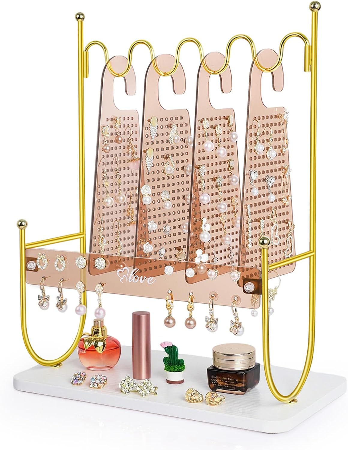 Keebofly Amber Arcylic & Electroplated Gold Earring Organizer Holder for Girls, Tweens & Women - 900 Holes Jewelry Display Stand with Warm Radiance for Studs, Hoops, Dangles - Modern Vintage Gift