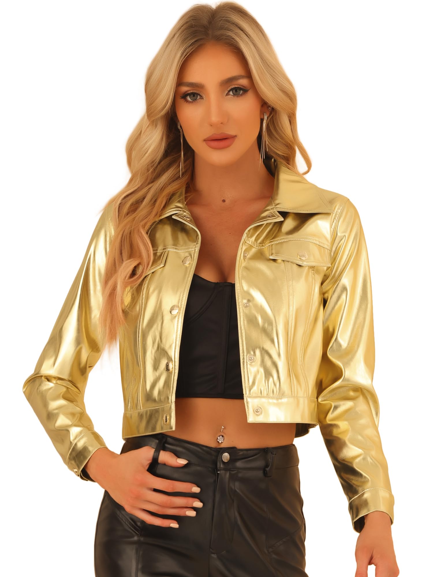 Allegra K Veste De Moto En Métal Veste Brillante À Boutons Pour Femmes