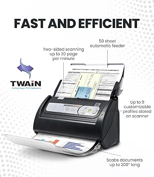 Plustek PS188 High Speed Double-Sided Color Document Scanner with Automatic Document Feeder ADF, 30 Pages Per Min, Compatible with Windows 7/8/10/11