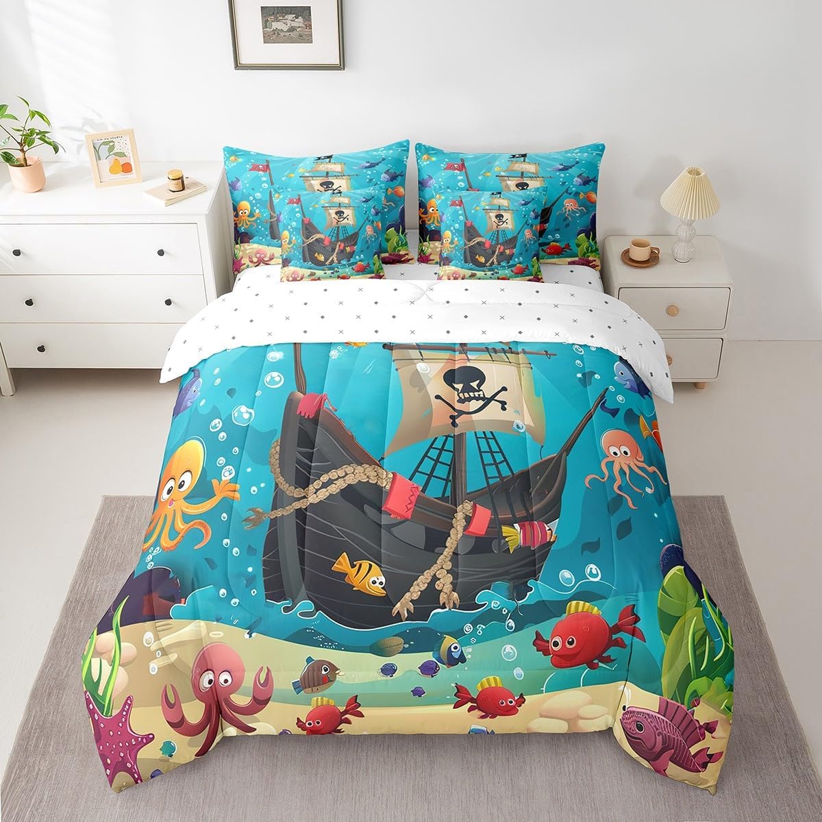 Cartoon Pirate Ship Comforter Set Queen Size,Marine Adventure Bed Set 7pcs with Comforter,Fitted Sheet,Flat Sheet,2 Pillowcases and 2 Throw Pillow Covers,Underwater Fish Bedding for Kids