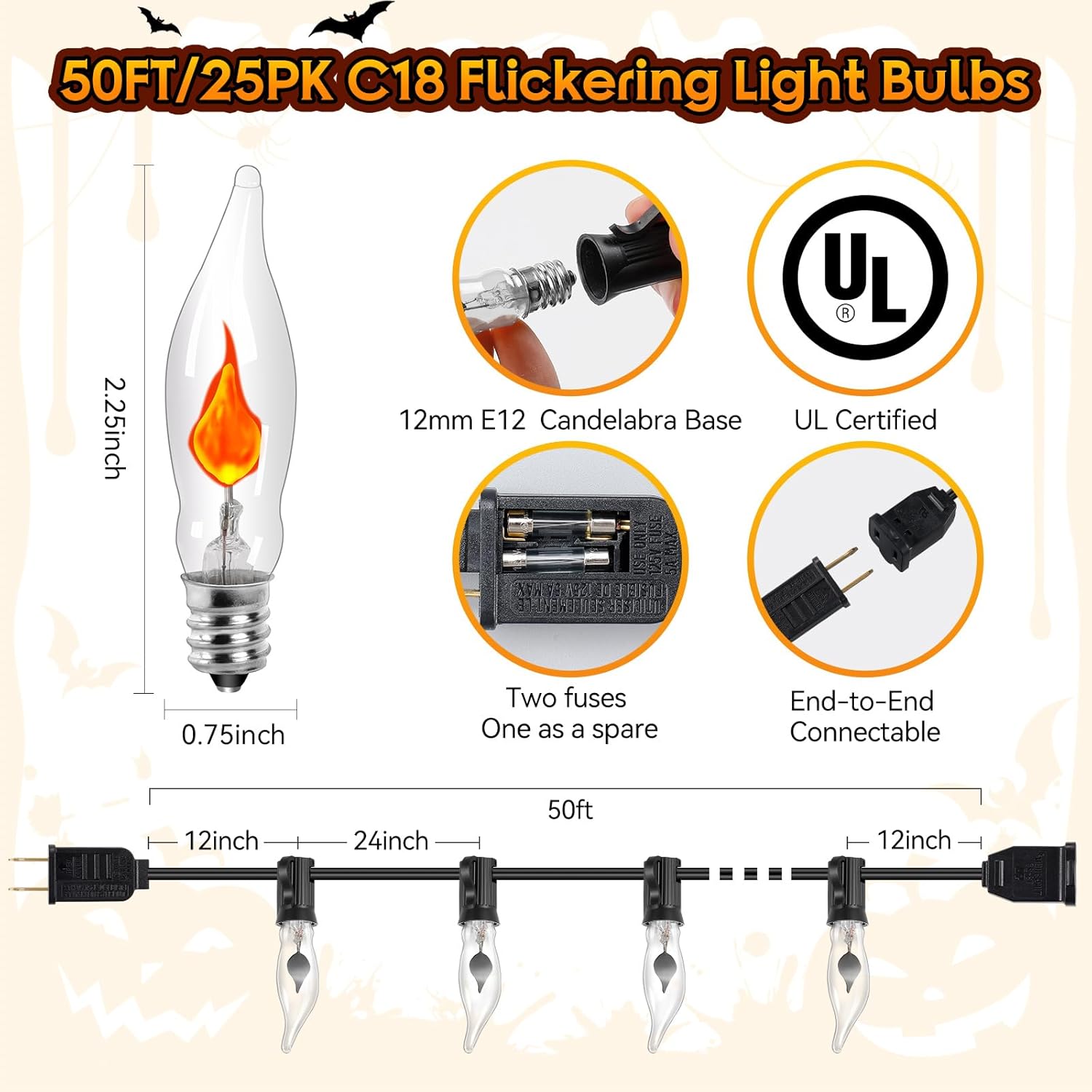 50Ft Extra-Long Fall & Halloween String Lights,25 C18 Flicker Flame Bulbs for Outdoor Decor,Waterproof & Connectable for Christmas, Thanksgiving & Festive Party Ambiance
