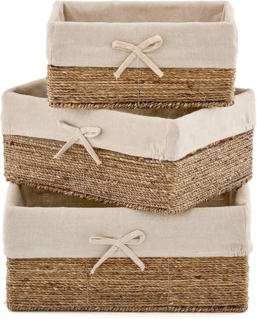 EZOWare Set of 3 Seagrass Wicker Baskets Bins with Removable Liners, Natural Hand Woven Storage Container Ideal for Kitchen, Bathroom Bedroom, Home Decor