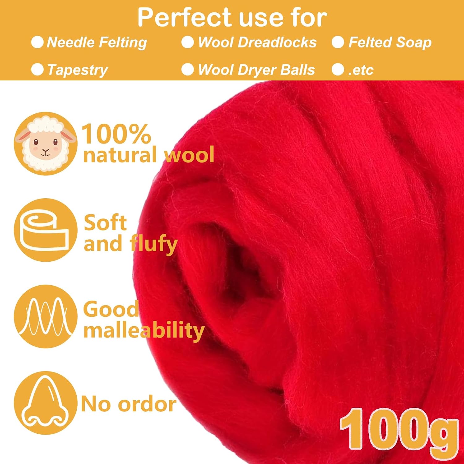 Red Wool for Needle Felting,3.5oz Felting Wool, Soft Wool Batting for DIY Crafts, NeedleFelting Projects, and Artwork
