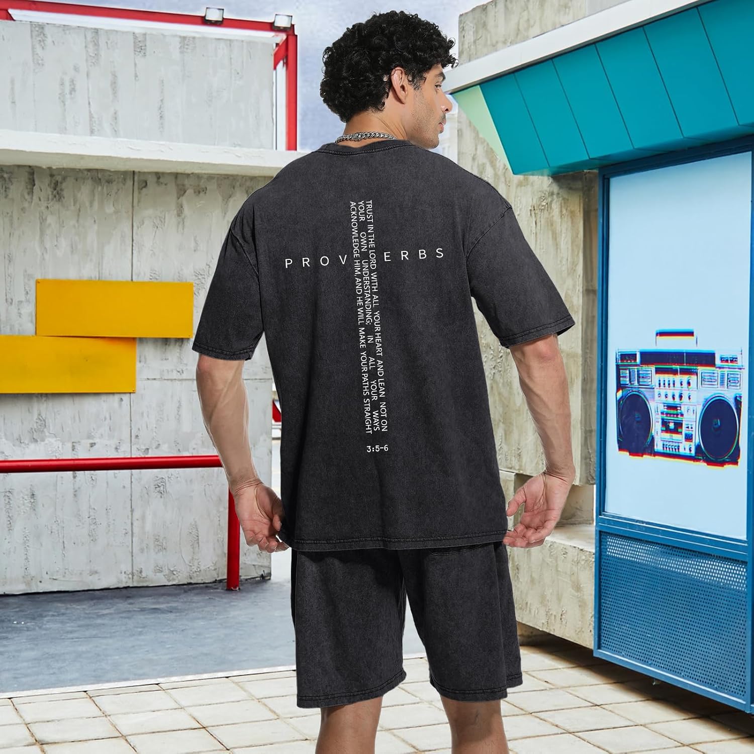 BeWithYou Mens 2 Piece Short Set Gym Workout Tracksuit Vintage Christian Shirt And Short Sets Summer Acid Wash Outfits Set (Black,L)