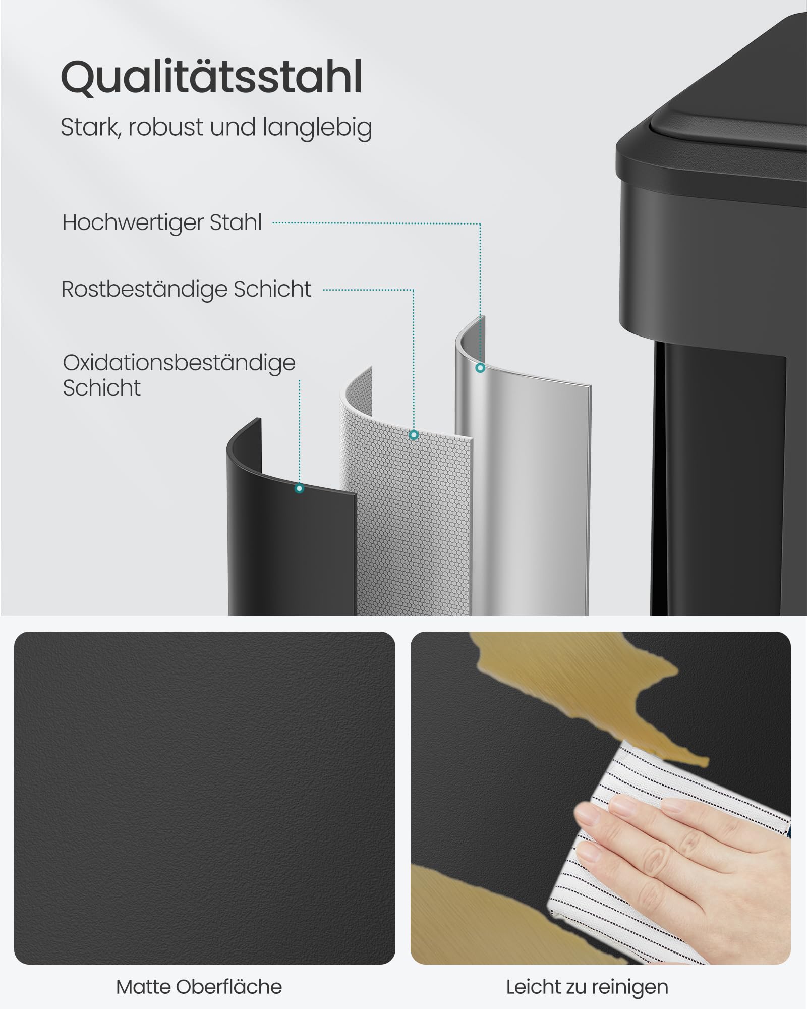 SONGMICS Mülleimer Küche, Mülltrennsystem 2 x 15 L, 2 Fächer für Recycling und Restmüll, Abfalleimer, Inneneimer, Stahl, Softclose-Deckel, breites robustes Pedal, tintenschwarz LTB544B02