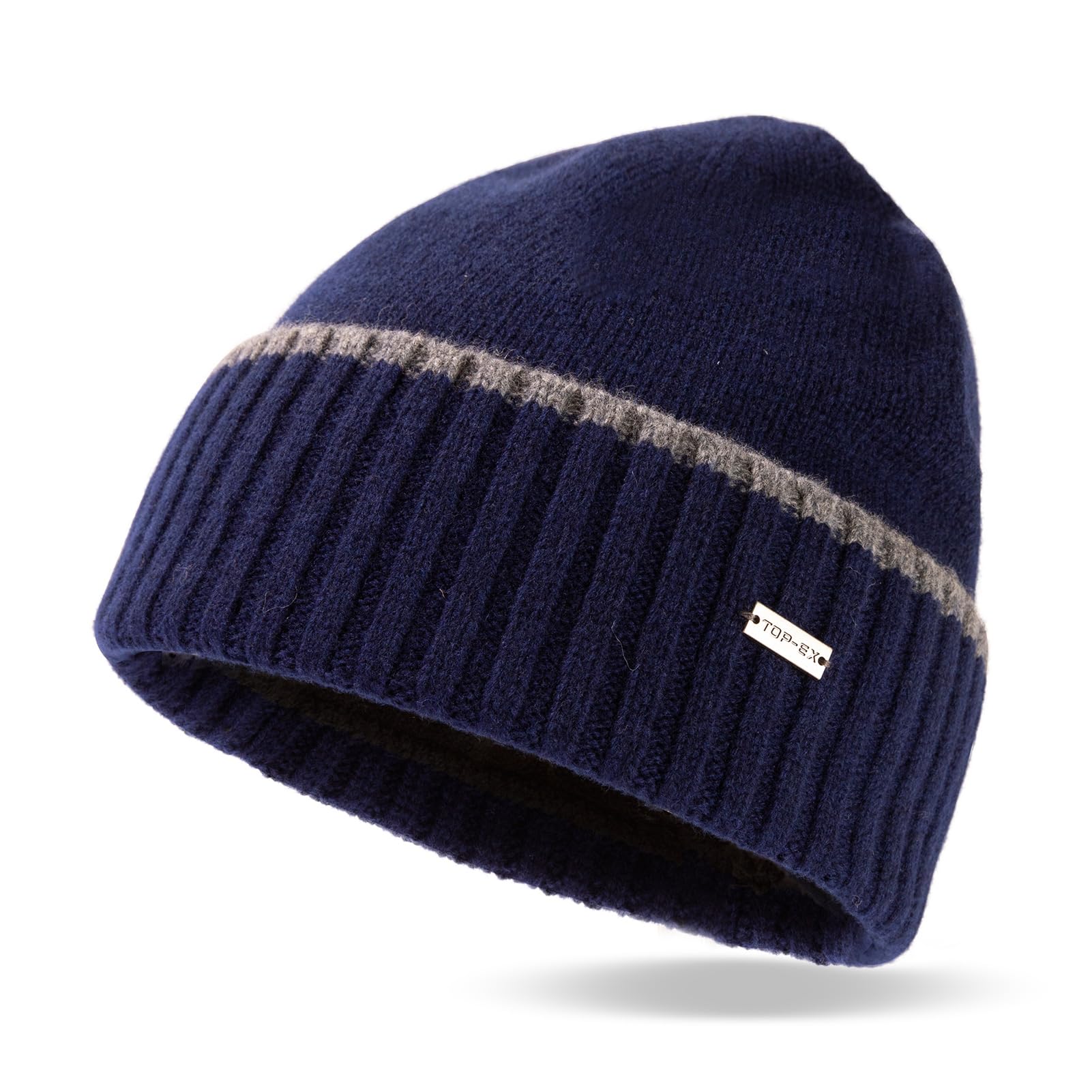 TOP-EX Men's XL/XXL Extra Large Big Head Oversize Beanie Hat Merino Wool Knit Cap Fleece Winter Cold Weather Cuff Beanie Navy