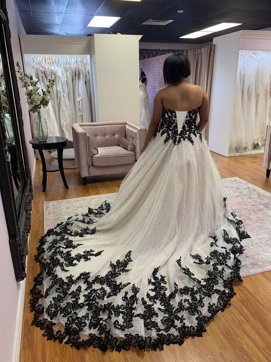 Zhangyo Gothic Black Lace Wedding Dresses for Bride Strapless Tulle Bridal Gown with Train Tulle Sweetheart Wedding Gowns