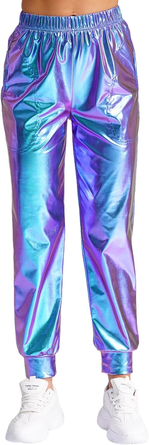 Vxuxlje Women's Shiny Metallic High Waist Jogger Pants Elastic Waistband Sport Dance Trousers