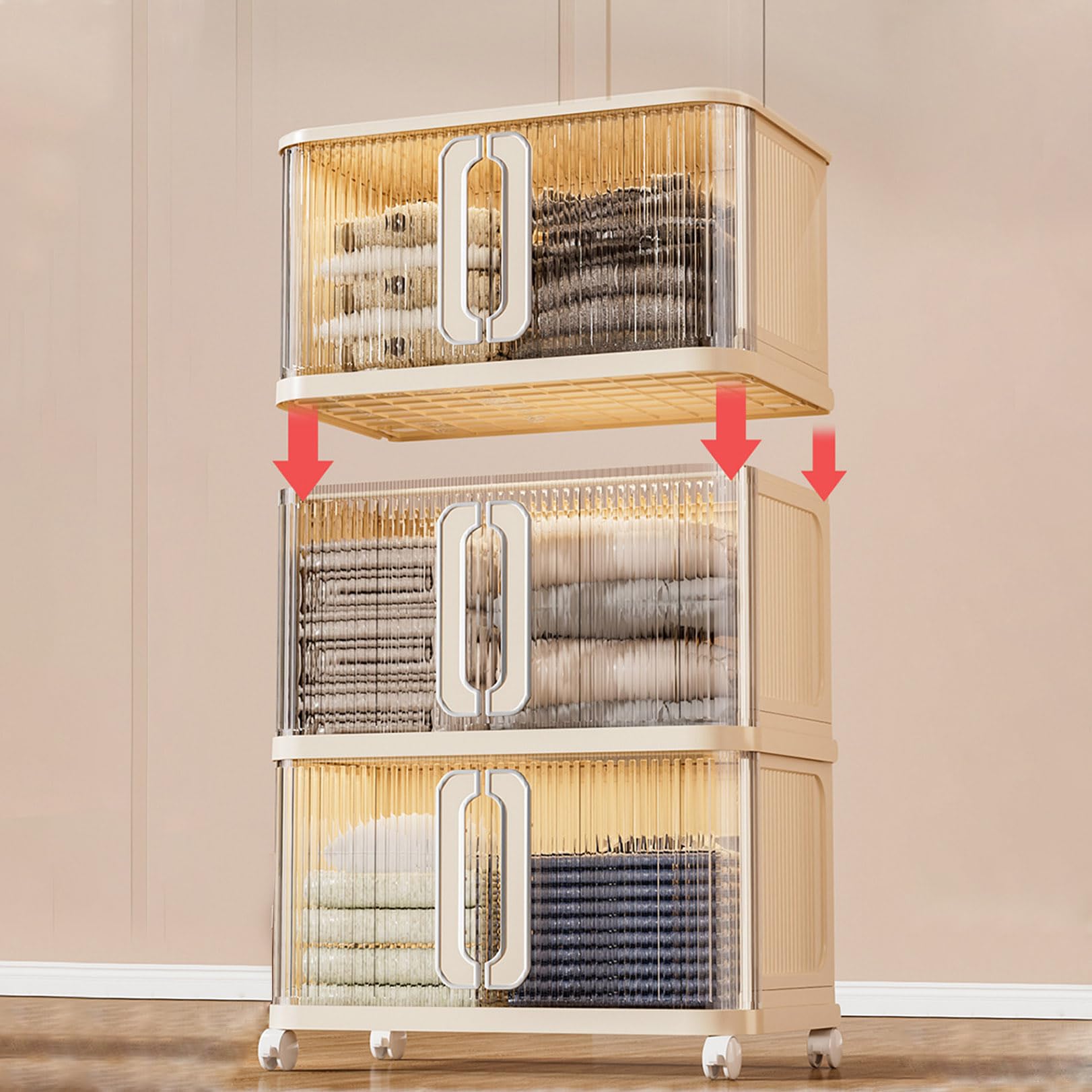 Scatole portaoggetti con coperchio, contenitori impilabili in plastica a 5 ripiani con ruote, organizer pieghevole per camera da letto, armadio, ufficio, bagno, design pieghevole
