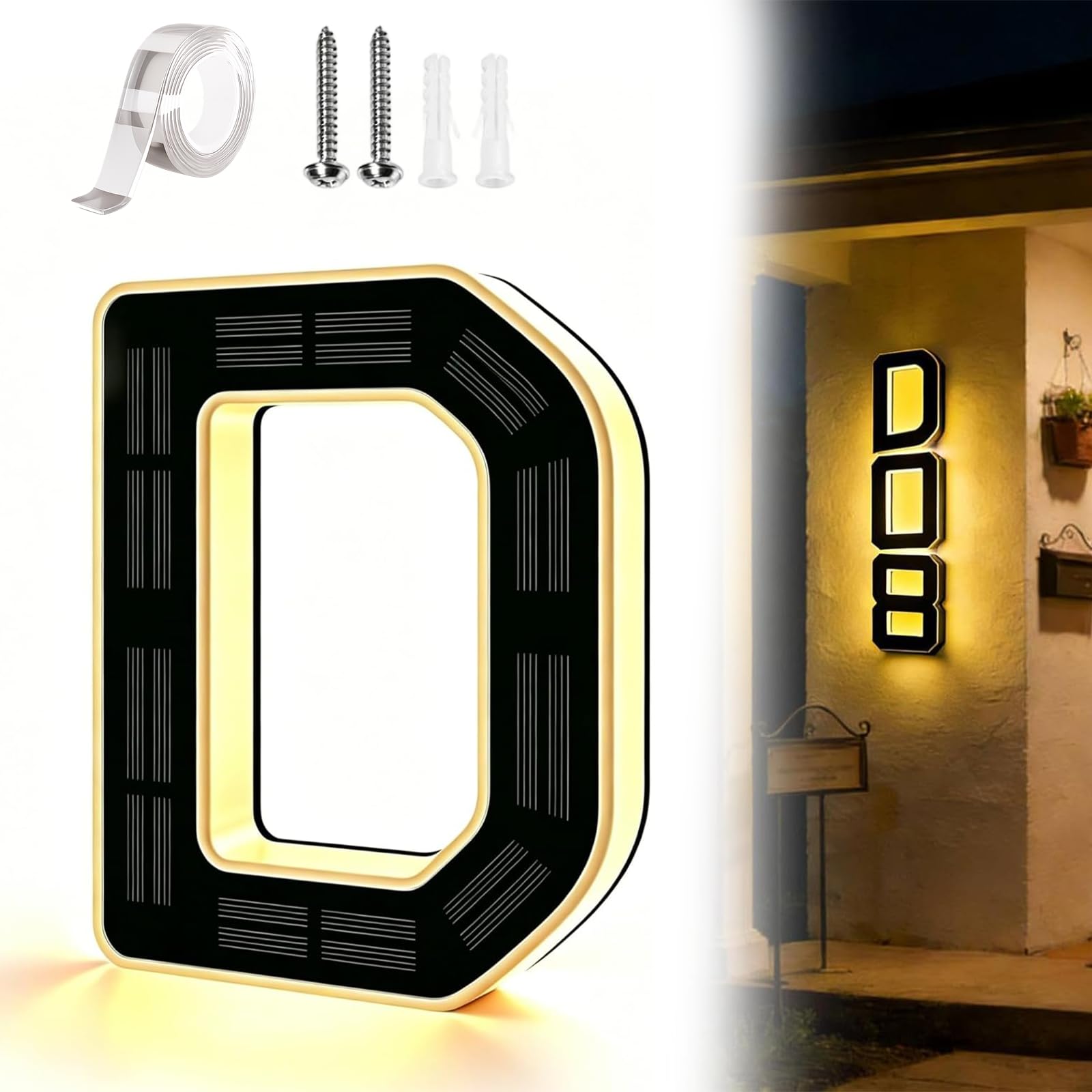 Solar Lighted House Numbers for Outside, Large 9 Inch Waterproof LED Address Numbers Signs, Modern Solar Powered Illuminated House Number Plaque for Exterior Night Visibility (D) — image 1