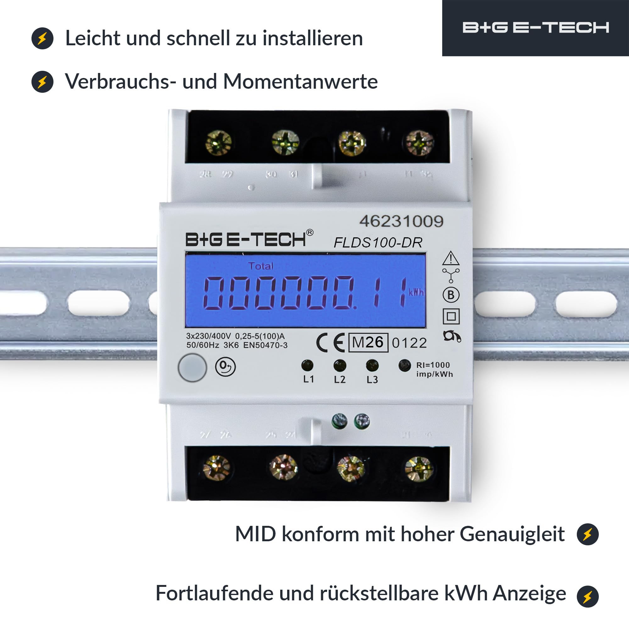 Contatore elettrico [FLDS100-DR] per rotaia con contatore giornaliero (resettabile) e indicatore di carica, contatore di corrente trifase 100 A, 3,9TE, S0, con illuminazione digitale LCD (blu - M26)