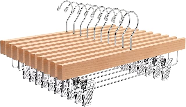 Amber Home 35.5cm Natural Wooden Pants Hangers 10pcs, Smooth Wood Skirt Hanger Organizer with Adjustable Anti-Slip Clips, Space Saving Solid Clothes Hangers Rack for Bottoms Jeans Slacks Trousers