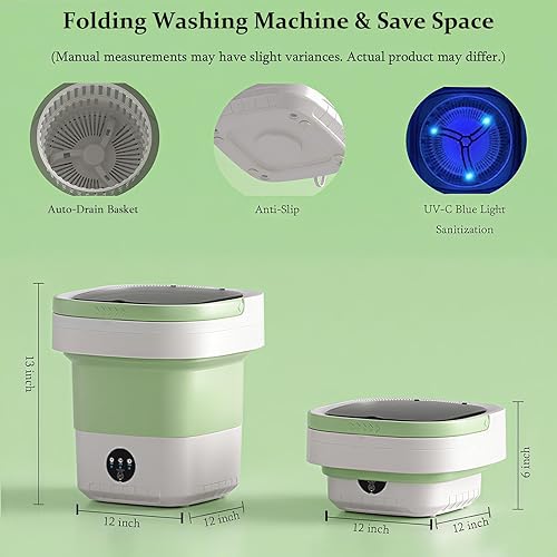 Miniatura 2 de Lavadora portátil, mini lavadora plegable de 16 litros con luz UV-C y cesta giratoria, 3 modos de limpieza, pequeña máquina de lavandería plegable
