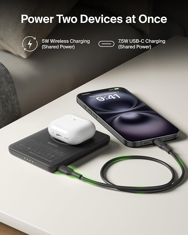 Belkin MagSafe Power Bank 5,000mAh, Ultra-Slim Portable Charger Magnetic Back Supports MagSafe Accessories On-The-Go, Wireless Battery Pack w/USB C Cable for iPhone 17, Pixel 10, Travel - Black by Belkin - Used condition - Image 7