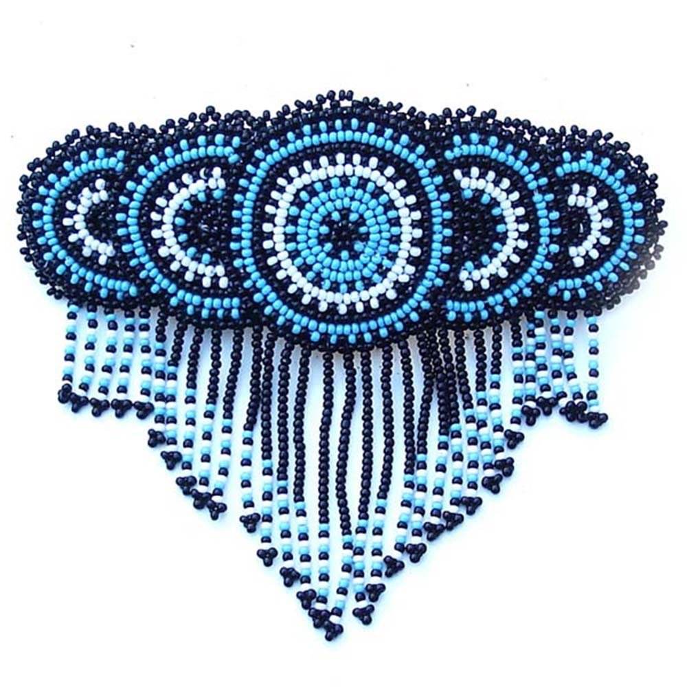 Handmade Beaded Hair Barrette, Native American Style Round Seed Bead Medallion Hair Clip for Women, Blue/Gold