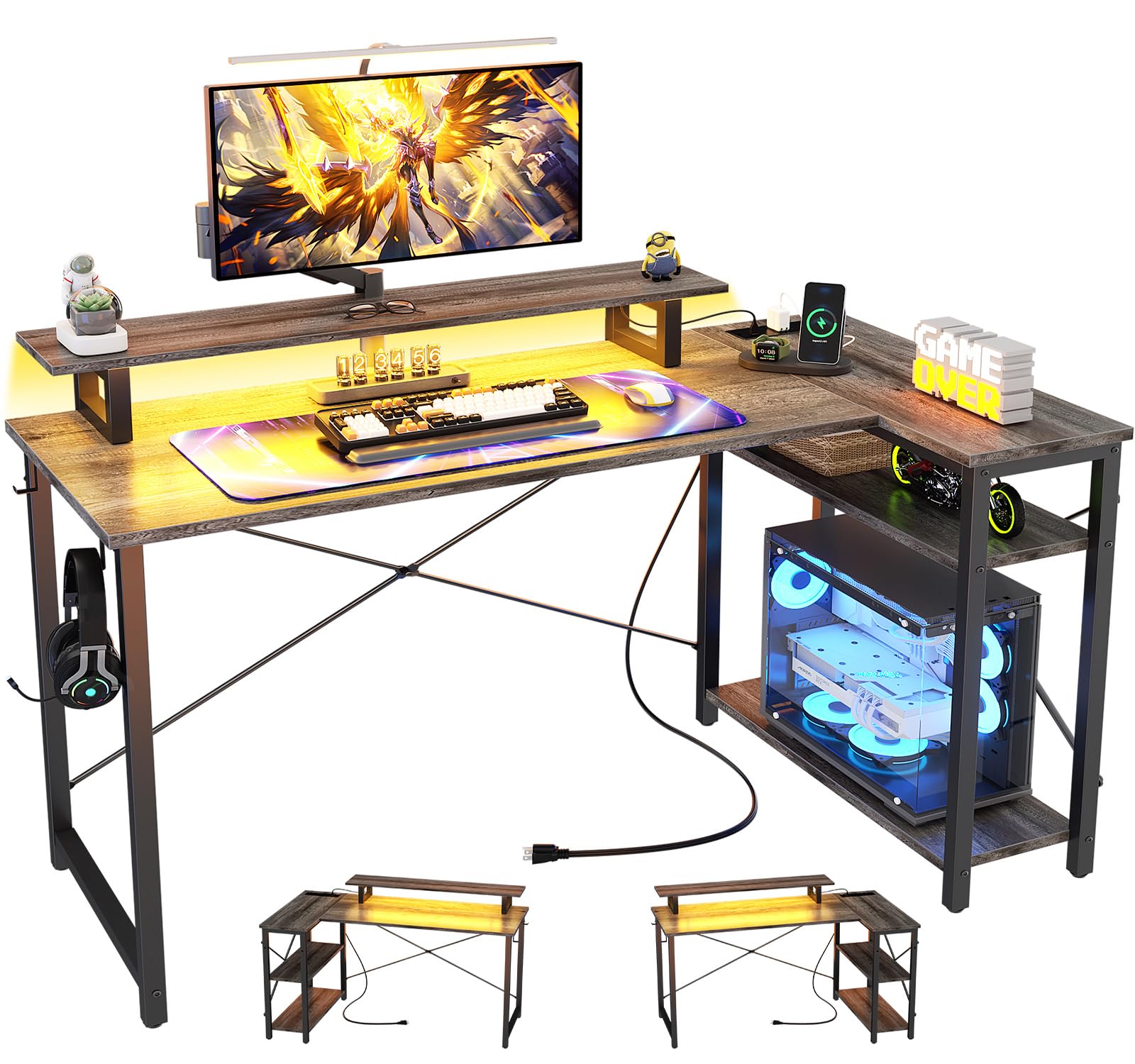 Coleshome Gamingtafel met led, gamingbureau met plank, omkeerbaar