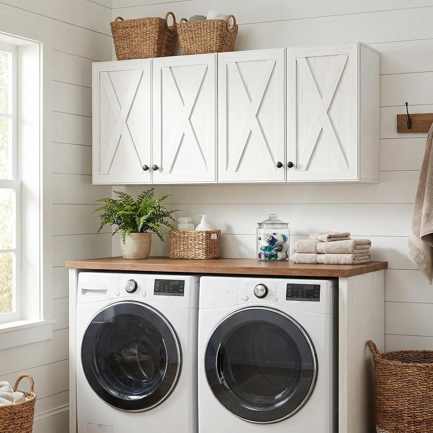 24" W Laundry Room Wall Cabinets, Wall Mounted Storage Cabinet, Farmhouse Wall Cabinet with Adjustable Shelf, Farmhouse Medicine Cabinet, Floating Cabinet for Bathroom, Kitchen, White, 2PCS