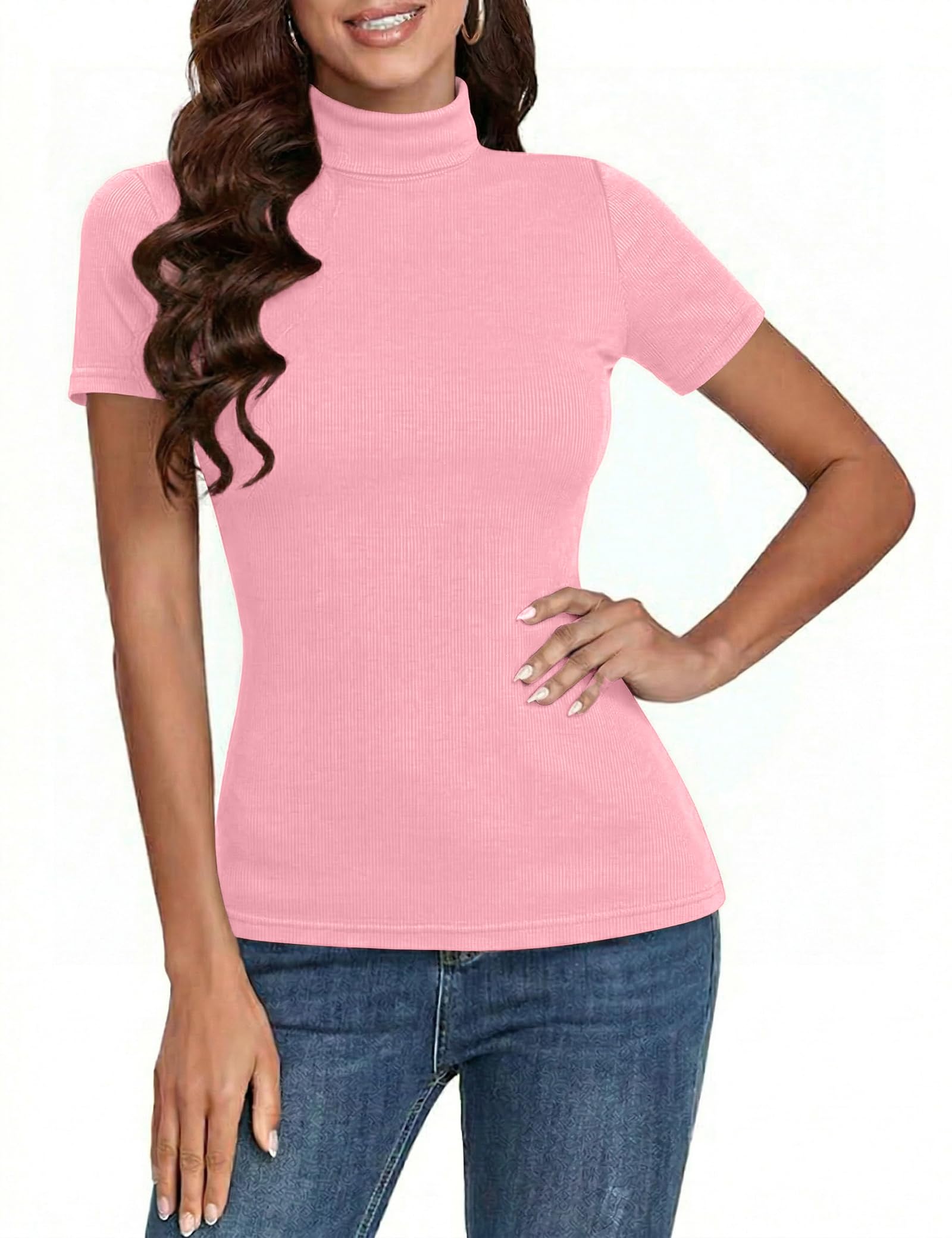 Totatuit Damen T-Shirt Kurzarm Gerippt Slim Fit Oberteile Elegant Basic Sommer Casual Stretch Tshirt mit Stehkragen Rollkragenshirt Tops S-XXL