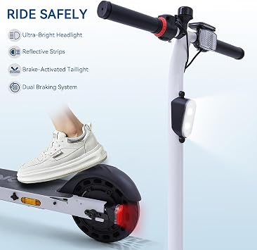 QnQ Electric Scooter - eKickScooter for Teens, 250W Motor, 15.5 mph Top Speed, Rear Foot Brake, Folding E-Scooter for Riders up to 220 lbs, UL-2272 Certified, White
