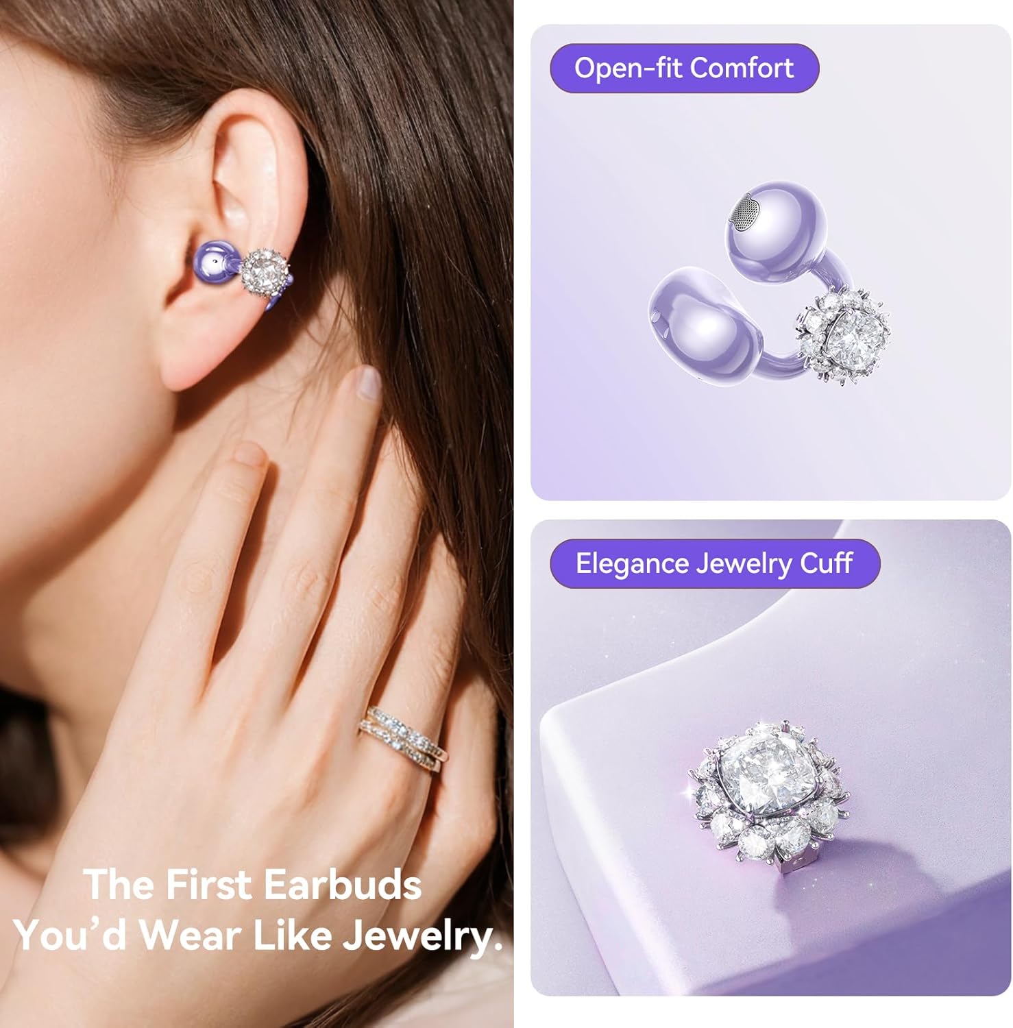 Kinglucky Jewelry-Inspired Clip-On Earbuds with Diamond Earrings, Comfortable Fit & 40H Playtime Open Ear Bluetooth 5.4 Wireless Headphones for Women, Small Ears, Sports & Workouts (Purple) - Image 2