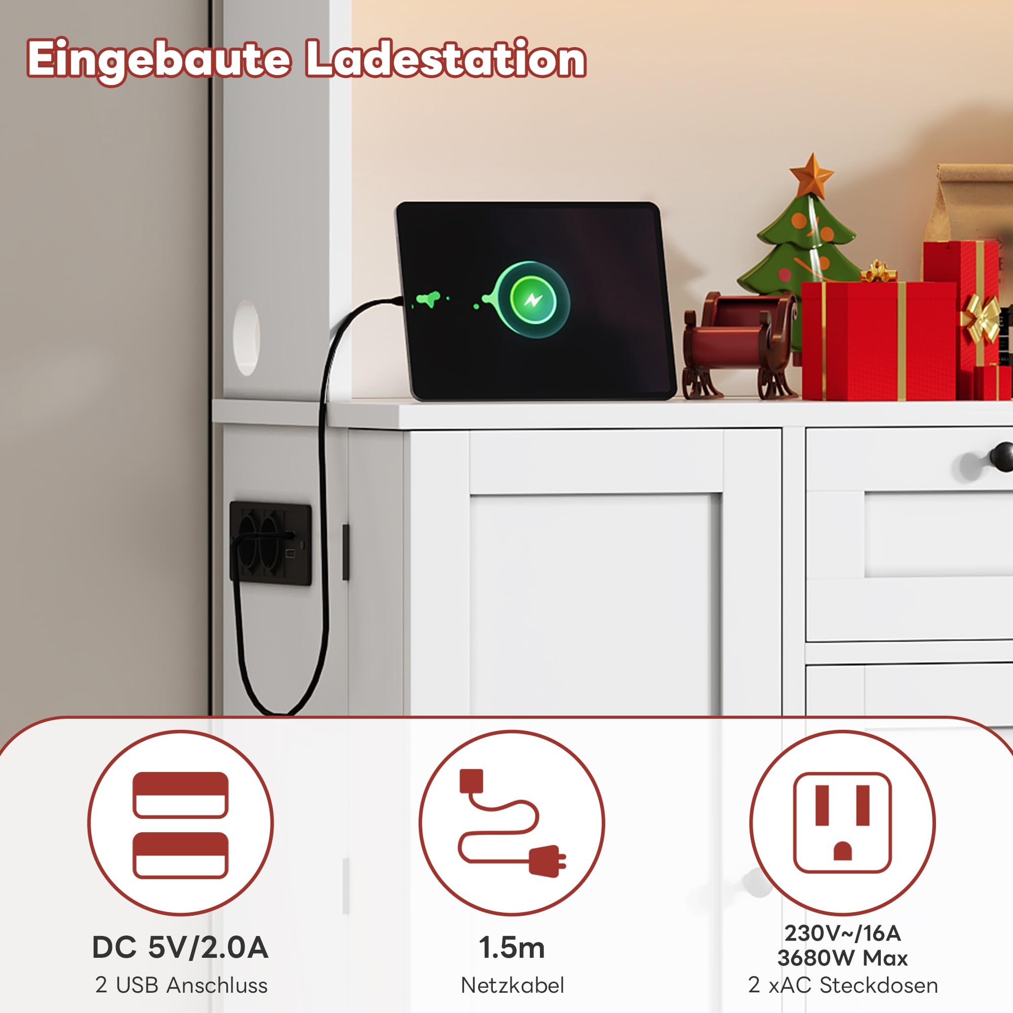 Merax Küchenschrank, Buffetschrank mit LED und Steckdosen, Küchenmöbel mit Schublade, Weinregal und Verstellbaren Ablagen, Sideboard, Küchenbuffet für Küche, Esszimmer, 105x40x180cm (Weiß)