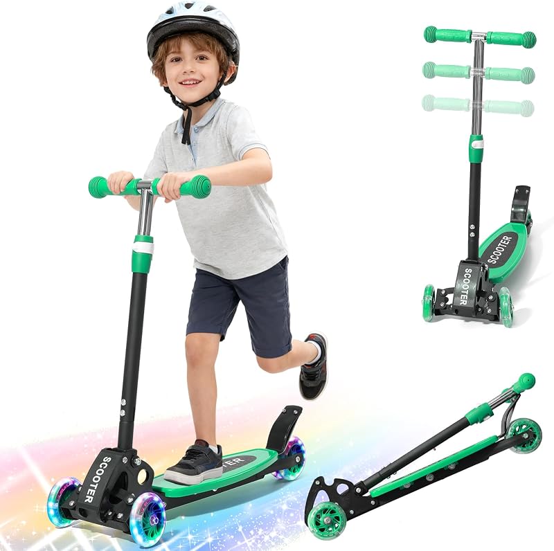 Scooter for Kids 3-5 5-7,Light up 3 Wheels Kick Scooter,Heavy Duty Folding Lean-to-Steer Scooters with 3 Adjustable Handlebar for Boys Girls,Widen Anti-Slip Deck,Rear Break,Holds up to 150Lbs