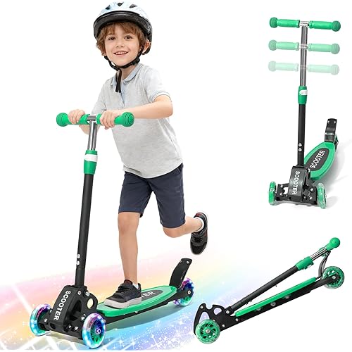 Scooter for Kids 3-5 5-7,Light up 3 Wheels Kick Scooter,Heavy Duty Folding Lean-to-Steer Scooters with 3 Adjustable Handlebar for Boys Girls,Widen Anti-Slip Deck,Rear Break,Holds up to 150Lbs