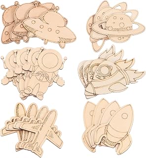 Sewroro 24pcs Outer Space Wooden Cutouts Craft Painting Blanks with Smooth Surfaces and Burrfree Edges Creative Space Rocket and Astronaut Shapes for Themed Door Decoration Set